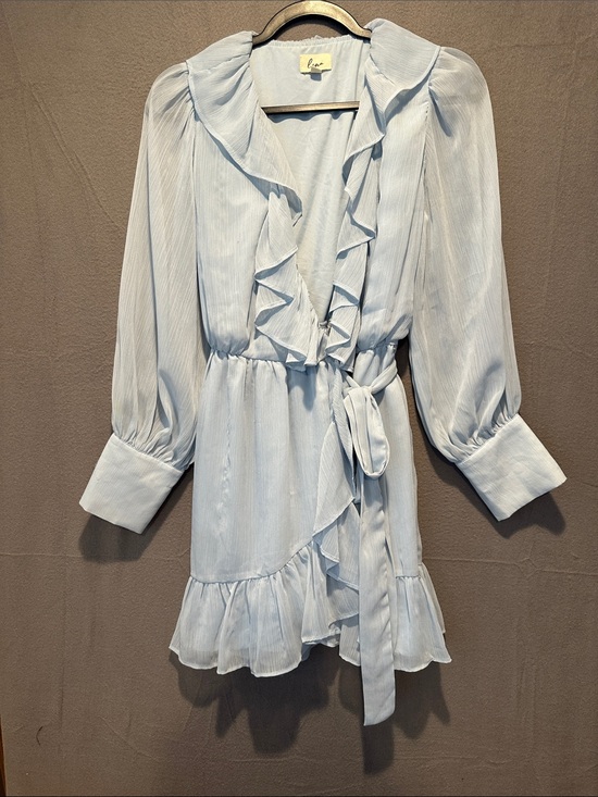 Lena Dresses & Skirts - Lena Light Blue Ruffle Wrap Long Sleeve Dress